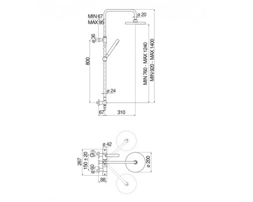 VE125030/50FLP VELIS термостатическая душевая система, верхний душ 20 см, глянцевый черный VE125030/50FLP