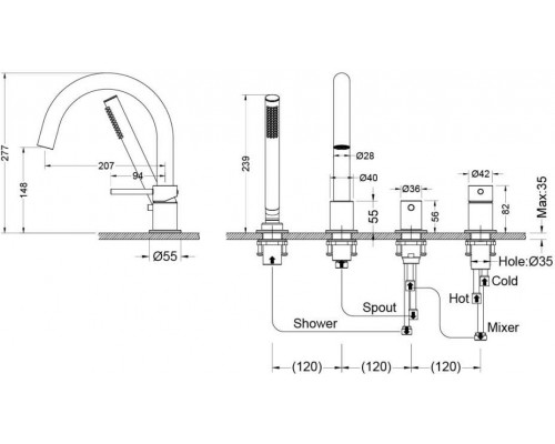 AQ1348MB ЕВРОПА смеситель на борт ванны на 4 отв., матовый черный AQ1348MB