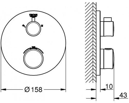 24076000 Grohtherm Термостат для душа с переключателем на 2 положения ванна-душ, круглая розетка, хром 24076000