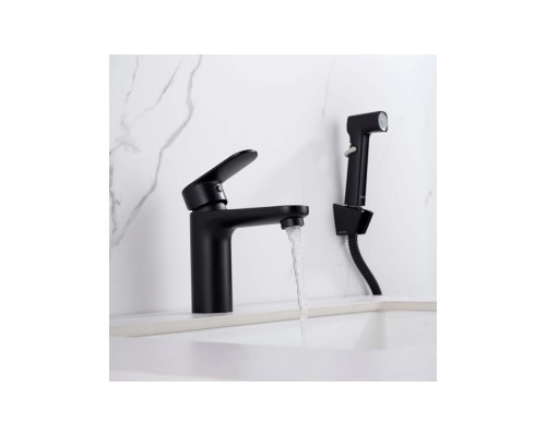 AQ1812MB НИКА смеситель для раковины 90 без донного клапана с гигиеническим ручным душем, матовый черный AQ1812MB