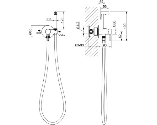 AQ1021BGM ЕВРОПА комплект для гигиенического душа встроенный (смеситель + гигиеническая лейка + шланг), оружейная сталь (шлиф. черный хром) AQ1021BGM