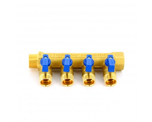Коллектор НВ 3/4" с кранами TIEMME 4 выхода 1/2"Н 36мм (цвет пластиковых ручек по выбору) Коллектор НВ 3/4" с кранами TIEMME 4 выхода 1/2"Н 36мм (цвет пластиковых ручек по выбору)