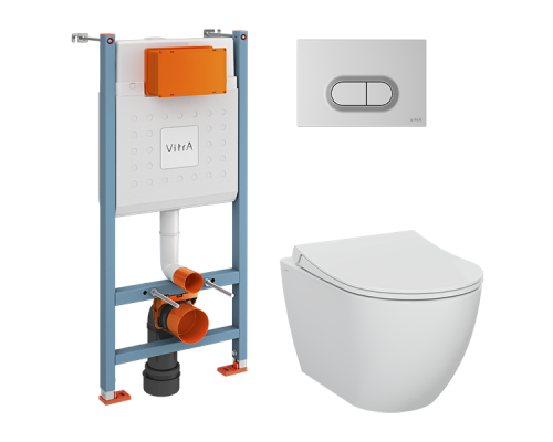 Комплект с унитазом, Vitra, L-Box, Mia Round, подвесной, шгв 355-540-345, с инсталляцией, цвет унитаза/сиденья-белый, цвет клавиши-хром матовый