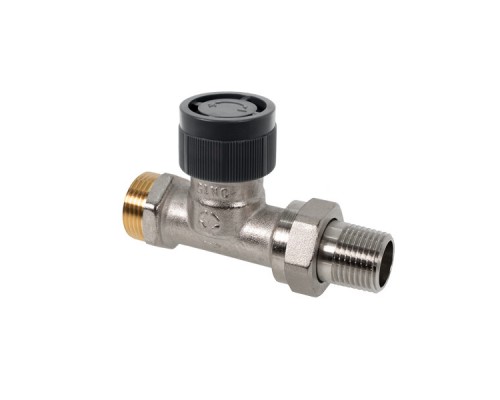 Вентиль, Oventrop, AR, термостатический, без преднастройки, прямой, DN-15, 3/4, 1/2, Н ЕК-Н, латунь никелированная, НГ со штуцером, черный колпачок