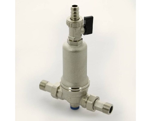 Фильтр промывной Uni-Fitt ВН 1/2" х 3/4" с редукц. соед., со сливным шаровым краном и манометром, никелир.