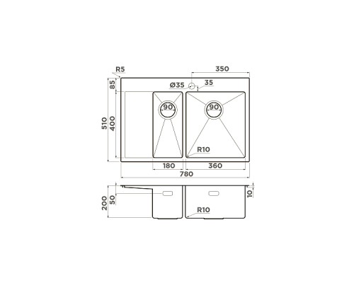Omoikiri Akisame 78-2-IN-R Кухонная мойка, нерж. сталь, 78x51 см цвет: нержавеющая сталь 4973063