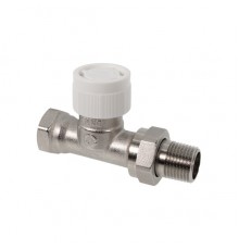 Вентиль, Oventrop, AVR 9, термостатический, с преднастройкой, прямой, DN-15, 1/2, 1/2, ВН, латунь никелированная, НГ со штуцером, белый колпачок