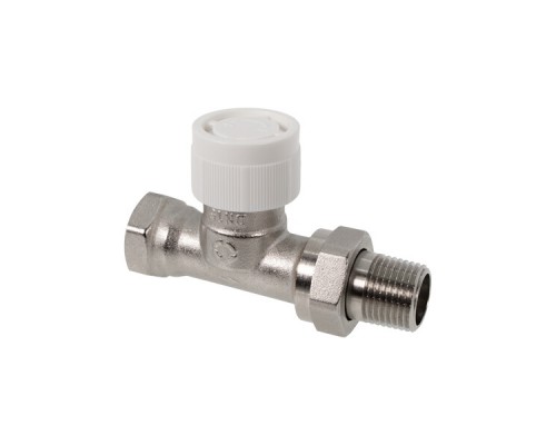 Вентиль, Oventrop, AVR 9, термостатический, с преднастройкой, прямой, DN-15, 1/2, 1/2, ВН, латунь никелированная, НГ со штуцером, белый колпачок