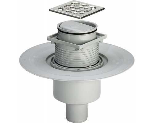 583224 трап с изоляц. фланцем, сухимзатвором,решеткой из нерж. 100х100мм (рамка пласт),пласт/серый, верт. выпуск 583224