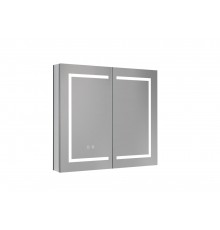 AQ7804-MLC Алюминиевый зеркальный шкаф с подсветкой 800700133,крепеж.Две зерк. дверцы 39,85см, две стекл.полк, круговая подсветка, антизапотевание AQ7804-MLC