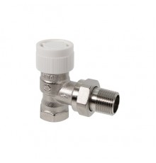 Вентиль, Oventrop, AVR 9, термостатический, с преднастройкой, угловой, DN-15, 1/2, 1/2, ВН, латунь никелированная, НГ со штуцером, белый колпачок