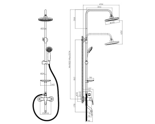 A35-46 Смеситель одноручный (35мм) для ванны с верхней лейкойТропический дождь с пов. изл. 70мм A35-46