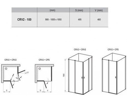 CRV2-100 дверь CHROME для комбинации с дверью или стенкой блестящий+стекло Transparent. 1QVA0C00Z1