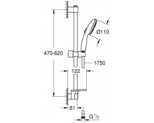 27600003 Tempesta 110 Душевой гарнитур 3 режима струи, душевая штанга 600 мм, шланг 1750 мм, 5,6 л/мин, полочка, хром (замена арт. 27600001) 27600003