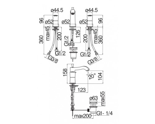 SI98211/1BR SOFI смеситель для раковины на 3 отверстия, бронза SI98211/1BR