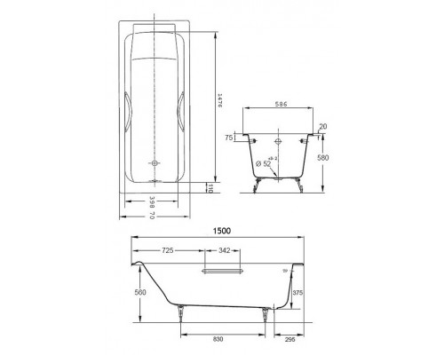RUB PARALLEL E2949-00 ванна 150х70 с отверстиями для ручек E2949-00