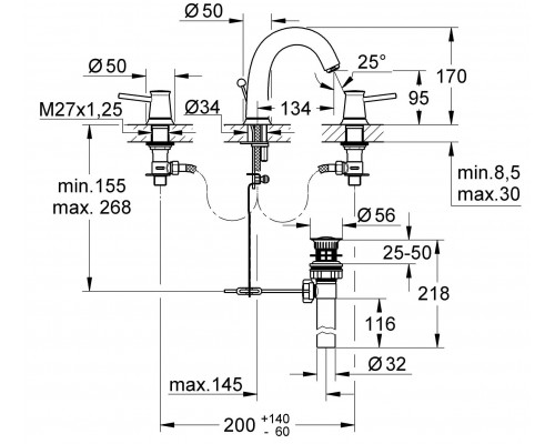 20470000 BauClassic Смеситель для раковины двухвентильный, на 3 отверстия, монтаж на раковину, хром 20470000