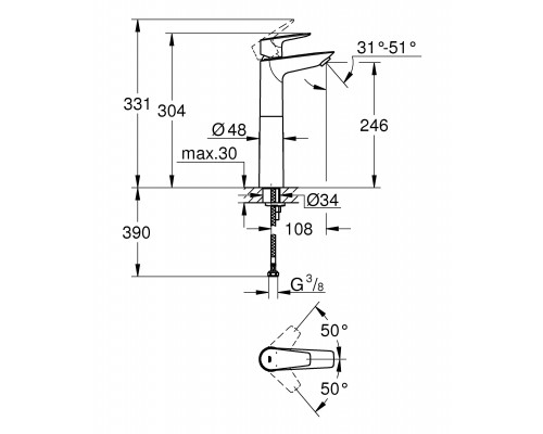 23761001 BauEdge, Смеситель для свободностоящей раковины XL-Size, хром 23761001