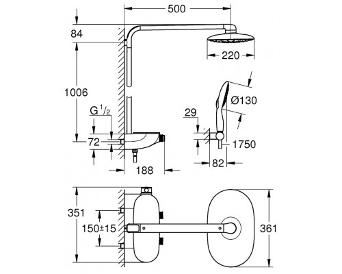 26361000 Rainshower SmartControl 360 MONO Душевая система с термостатическим смесителем для настенного монтажа, 2 режима верхнего душа, хром 26361000