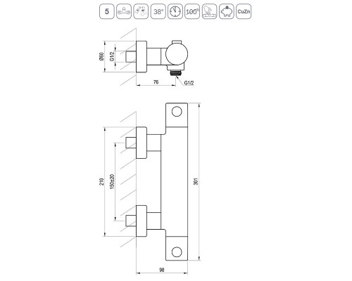 Смеситель настенный термостатический для душа без гарнитуры PU 033.20/150 черный X070188