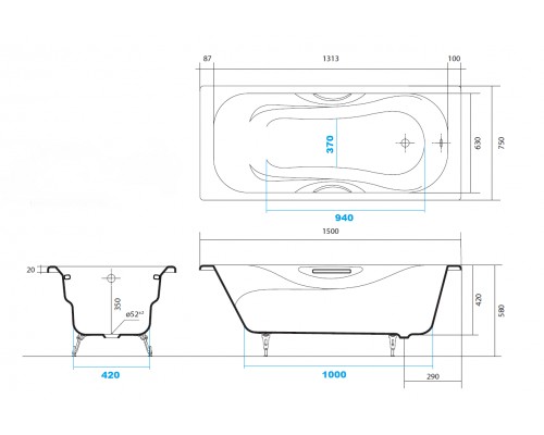AQ8050FH-00 ГАММА ванна чугунная эмалированная 1500x750 в комплекте с 4-мя ножками и 2-мя ручками AQ8050FH-00