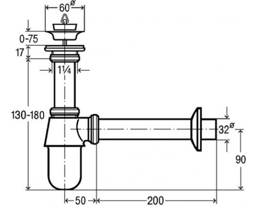 366681 Сифон для раковины (латунь), с пробкой, 1 1/4 x 32, хром, разъёмная чашка выпуска 366681
