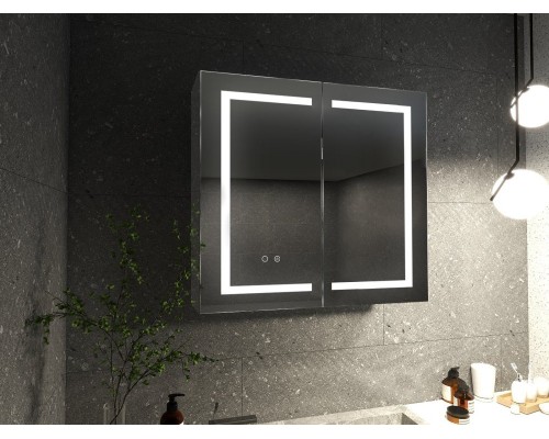 AQ7504-MLC Алюминиевый зеркальный шкаф 500700133,крепеж.Одна зеркальная дверца (петли слева), две стекл.полки, круговая подсветка, антизапотевание AQ7504-MLC