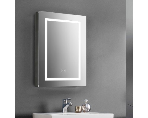 AQ7804-MLC Алюминиевый зеркальный шкаф с подсветкой 800700133,крепеж.Две зерк. дверцы 39,85см, две стекл.полк, круговая подсветка, антизапотевание AQ7804-MLC