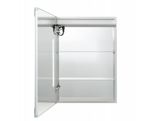 AQ7504-MLC Алюминиевый зеркальный шкаф 500700133,крепеж.Одна зеркальная дверца (петли слева), две стекл.полки, круговая подсветка, антизапотевание AQ7504-MLC