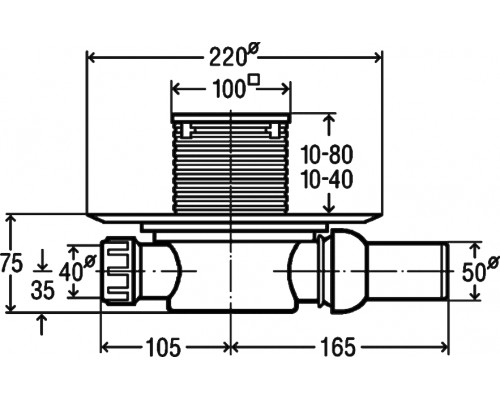 583217 Advantix трап,сухойзатвор, решетка из нерж.100х100 мм (насадка с установ. рамкой из пластика, В=10-40 мм), 0,4 л/сек., пласт/серый 583217