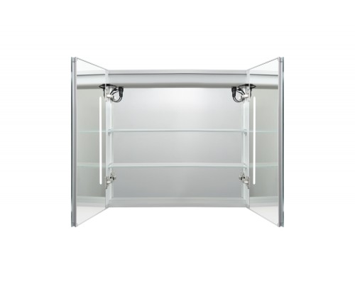 AQ7804-MLC Алюминиевый зеркальный шкаф с подсветкой 800700133,крепеж.Две зерк. дверцы 39,85см, две стекл.полк, круговая подсветка, антизапотевание AQ7804-MLC