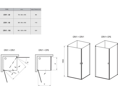 CRV1-100 дверь CHROME для комбинации с дверью или стенкой блестящий+стекло Transparent. 1QVA0C01Z1