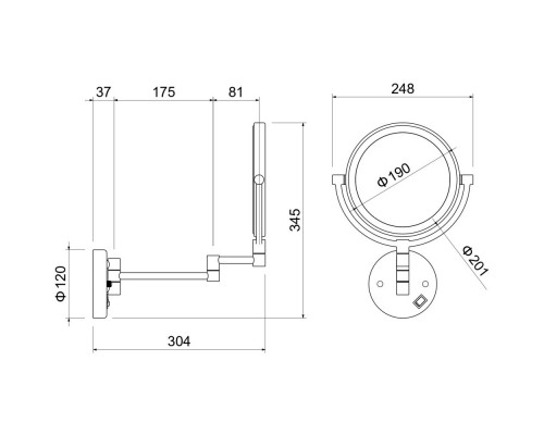 AQ4912BGM зеркало косметическое настенное с подсветкой 5х, оружейная сталь (шлиф. черный хром) AQ4912BGM