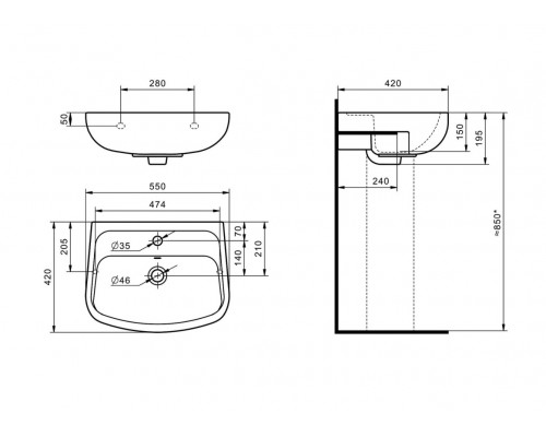 1.WH50.1.755 ЛОНГИ умывальник 55 см 1/отв 1.WH50.1.755