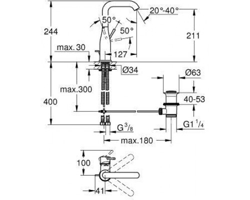 32628001 Essence+ Смеситель для раковины с донным клапаном и высоким изливом, хром 32628001