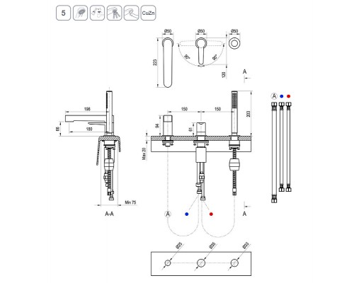 Смеситель врезной каскадный для ванн PU 026.20 черный X070186