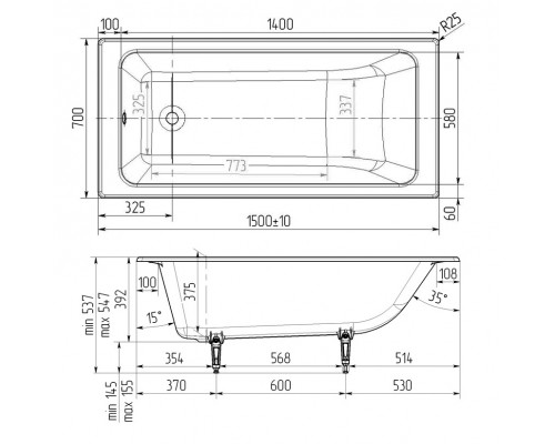 Wotte Line 1500х700х392 ванна чугунная (БП-э00д1465) Line 1500x700