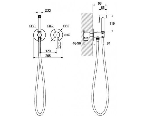 AQ1319MB ЕВРОПА комплект для гигиенического душа встроенный 2 отв. (смеситель + гигиеническая лейка + шланг), матовый черный AQ1319MB