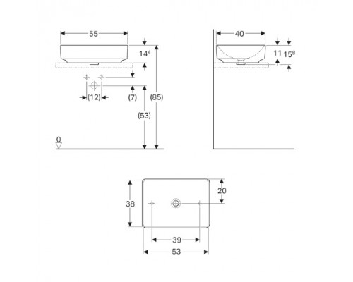 500.779.01.2 Geberit VariForm Раковина с установкой на столешницу прямоугольной формы, 55х40 см, без отв. под смеситель, без отв. перелива 500.779.01.2