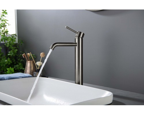 AQ1304BGM ЕВРОПА смеситель для раковины высокий 215, без донного клапана, оружейная сталь (шлиф. черный хром) AQ1304BGM