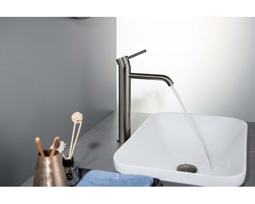 AQ1304BGM ЕВРОПА смеситель для раковины высокий 215, без донного клапана, оружейная сталь (шлиф. черный хром) AQ1304BGM