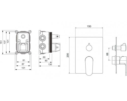 AQ1247MB ОБЕРОН смеситель для ванны 3 режима (внешняя и скрытая часть), матовый черный AQ1247MB