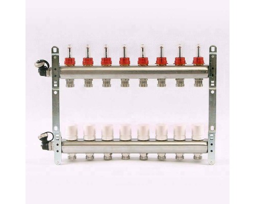Коллекторная группа 1" Uni-Fitt 450A нерж. сталь 12 выходов 3/4" с расходомерами и термостатическими вентилями с авт.воздухоотводчиком Коллекторная группа 1" Uni-Fitt 450A нерж. сталь 12 выходов 3/4" с расходомерами и термостатическими вентилями с авт.воздухоотводчиком