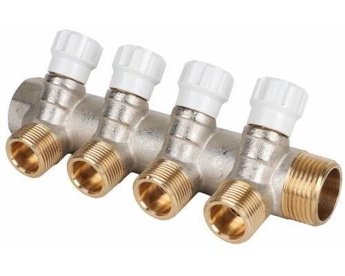 Коллектор, Premium, 1 x 3/4ЕК, 4 выхода, с регулирующими вентилями Коллектор, Premium, 1 x 3/4ЕК, 4 выхода, с регулирующими вентилями