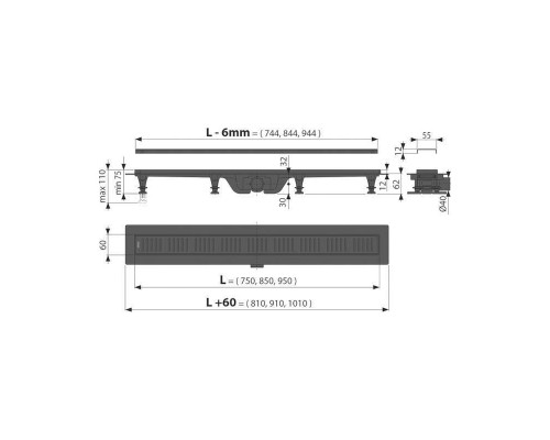 Лоток душевой Alcaplast APZ10BLACK 750 мм с порогами для перф. решетки (с реш.), черный