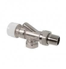 Вентиль, Oventrop, AVR 9, термостатический, с преднастройкой, осевой, DN-15, 1/2, 1/2, ВН, латунь никелированная, НГ со штуцером, белый колпачок