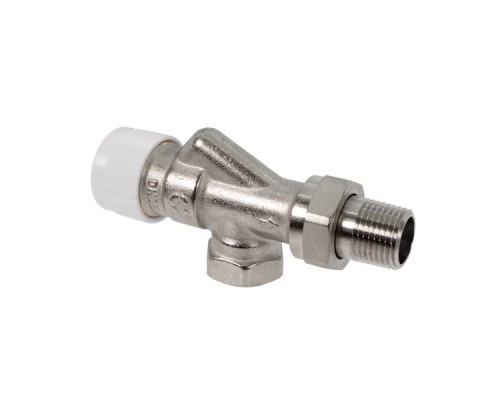 Вентиль, Oventrop, AVR 9, термостатический, с преднастройкой, осевой, DN-15, 1/2, 1/2, ВН, латунь никелированная, НГ со штуцером, белый колпачок