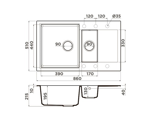 Omoikiri Daisen 86-2-BL Кухонная мойка Artgranit 86x51 см, цвет: черный 4993477