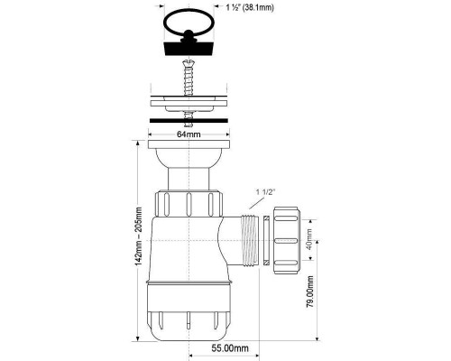 Сифон McAlpine бутылочный 1 1/4" x 32 мм с выпуском 60мм и пробкой выход 40мм компрессионный