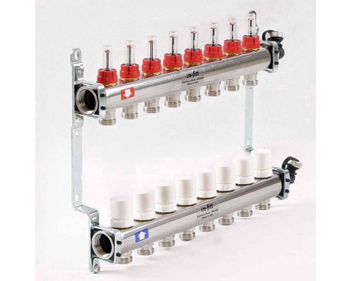 Коллекторная группа 1" Uni-Fitt 450A нерж. сталь 12 выходов 3/4" с расходомерами и термостатическими вентилями с авт.воздухоотводчиком Коллекторная группа 1" Uni-Fitt 450A нерж. сталь 12 выходов 3/4" с расходомерами и термостатическими вентилями с авт.воздухоотводчиком